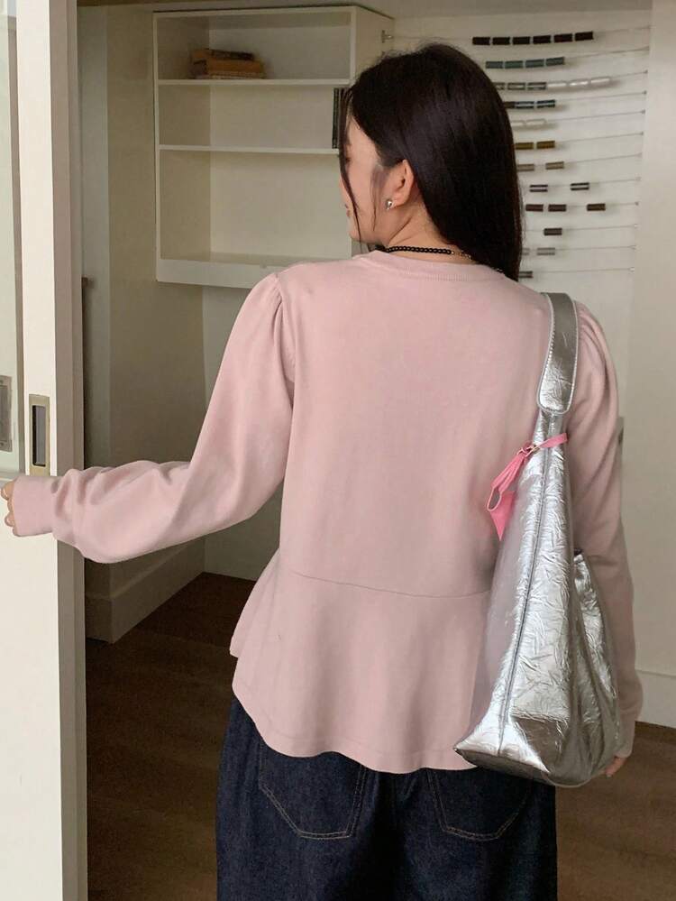 Dazy Plus Solid Color Round Neck Fitted Bow Button Decor Long Sleeve Casual Plus Size Women Pullover Sweater Fall