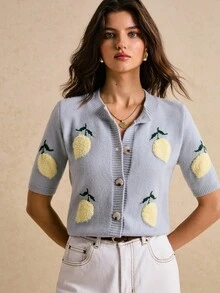 Poéselle 柠檬刺绣休闲针织短袖开衫 - 淺藍色 - 查看 7