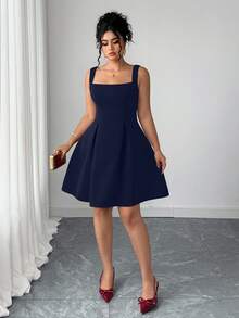 Elenzga 大码女式纯色无袖方领收腰A字连衣裙 - 藏蓝色 - 查看 6