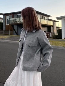 DAZY 女士翻领装饰宽松休闲都市夹克冬季女式外套 - 淺灰色 - 查看 8