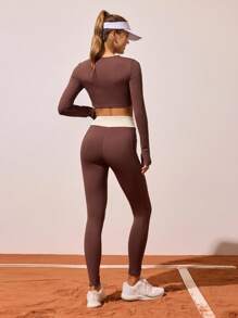 CourtClass Solid Color Cross-Wrap Long Sleeve Top And Contrast Color Waist Long Pants Casual Versatile Yoga Activewear Set