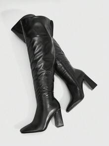 CUCCOO SZL Botas altas de mujer con tacón grueso de estilo retro británico de moda - Negro - Ver 3