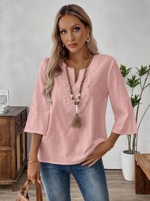 SHEIN LUNE Camisa de unicolor con parches de encaje, casual para vacaciones - Rosado Sandía - Ver 7
