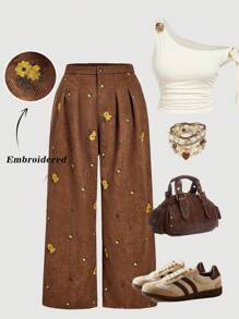 SHEIN MOD Plus Size Embroidered Corduroy Khaki Pants | Summer ,Early Autumn 2025,Comfort Fit Plus Size Embroidered Corduroy Pants - Khaki & Stylish - Coffee Brown - View 7