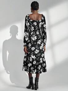Chiquease Schwarzes romantisches Blumenkleid, Vintage französischer Quadratausschnitt, elegantes und modisches Langkleid für Frauen, Frühling/Sommer - Schwarz - Übersicht 2