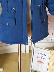 Áo khoác parka dày dặn cho bé gái, áo khoác có mũ trùm đầu bằng lông giả thời trang, cổ áo có khóa kéo, túi ở eo, áo khoác đệm thông thường cho mùa thu/đông - Màu xanh lam - Xem 12