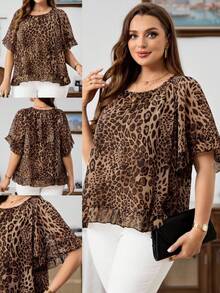 EMERY ROSE Plus Size Women's Leopard Print Ruffle Sleeve Loose Fashion Blouse Summer,Autumn,Fall Women's Clothes - Brown - View 1