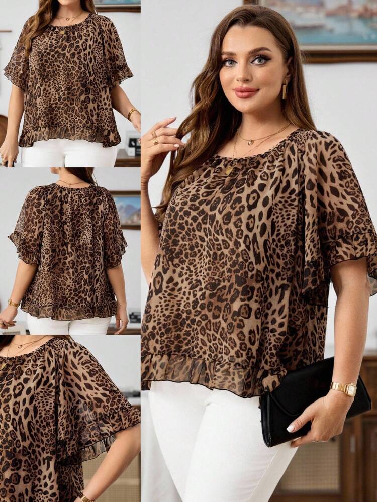 Plus Size Women's Leopard Print Ruffle Sleeve Loose Fashion Blouse Summer,Autumn,Fall Women's Clothes