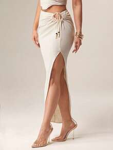 Silquee Women Plain Color Fashionable Skirt, Suitable For Summer - Beige - View 5