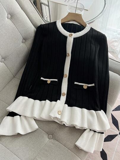 SHEIN Franclia 女式不对称荷叶边拼色圆领开衫，秋冬季厚针织毛衣夹克