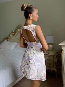 Glamine Váy ngắn không tay thanh lịch cổ điển dành cho nữ, thêu hoa, dáng ôm, nhiều màu sắc, họa tiết hoa ngẫu nhiên, trang phục xuân/hè thu cho nữ trở lại trường - Nhiều màu - Xem 2