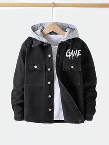 青少年男孩牛仔夹克和外套，休闲百搭街头风夹克，带可拆卸兜帽，四季必备衣橱单品 - 黑色 - 查看 4