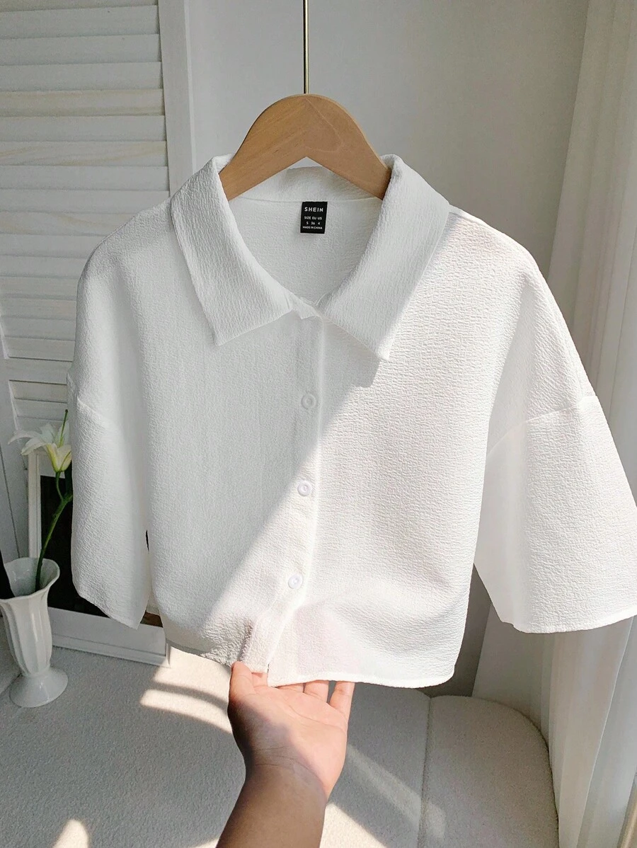 Comfortcana Women Solid Color  Woven Cropped Shirt - White - View 1