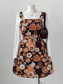 Sweetra Plus Size Pocket Elastic Waist Criss-Cross A-Line Floral Print Elegant Vacation/Party Dress For Women - Multicolor - View 3