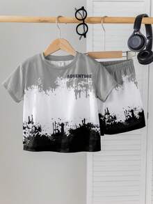 SHEIN 2 Pieces Set Young Boys Casual Comfortable Versatile Splash Ink Print Short Sleeve Top And Shorts Set, Suitable For Spring And Summer - Grey - View 6