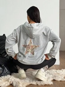 2 pezzi Set di felpa con cappuccio e leggings da donna con stampa leopardata e a stelle