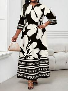 SHEIN Lady 春夏秋冬加大码V领黑色梭织宽松袖经典黑白撞色印花加大码睡袍连衣裙 - 黑與白 - 查看 6