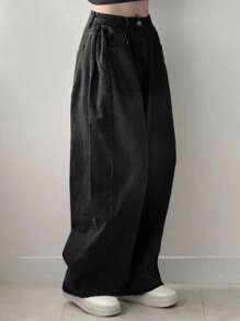 DAZY Jeans casuales de bolsillo de ajuste holgado de unicolor para mujer - Negro - Ver 5