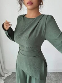 SHEIN Raffinéa 2件套女士纯色褶边不对称下摆长袖套装 - 綠色 - 查看 5