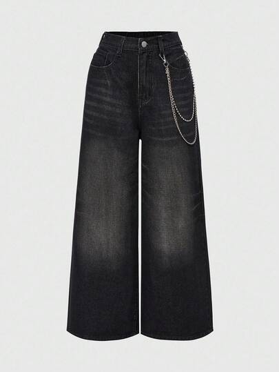 Grunge Punk Loose Fit Chain Decor Wide Leg Jeans