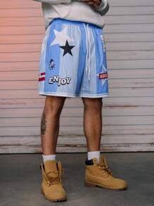 Pantalones cortos con cordón estampados de estilo casual y urbano de hip hop para hombres AXEPEAK - Celeste - Ver 5