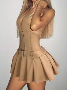 SHEIN ICON 深V领金属纽扣束腰宽褶腰带装饰连衣裙 - 卡其色 - 查看 6