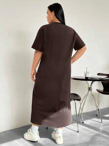SHEIN EZwear 大码休闲纯色短袖T恤连衣裙 - 棕色 - 查看 7
