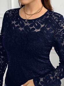 Gownix 大码女式黑色长袖蕾丝紧身优雅半透明汗衫 - 藏蓝色 - 查看 10
