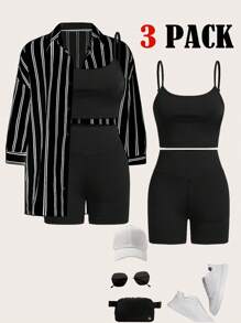 SHEIN Essnce Plus Size Women Summer Outfits For Women Beachwear Vacation Outfits Woman Easter Beach Outfits For Woman Workout Sets Women Business Casual Woman Gym Lounge Sets For Women Office Outfits For Women Rave Outfits Festival Cruise Attire Women Summer Shorts Joggers Vacation Two Pieces Set Teacher Graduation Outfit Minimalist Striped Shirt, Solid Color Camisole And Shorts Casual Set - Black - View 3