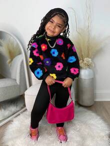 2 件套年轻女孩可爱花卉毛绒运动衫 + 黑色紧身裤休闲日常装 - 黑色 - 查看 3