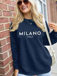 ReShift 女式标语字母印花圆领长袖运动衫运动装、毕业装、教师装、返校套头衫秋季 - 藏蓝色 - 查看 5