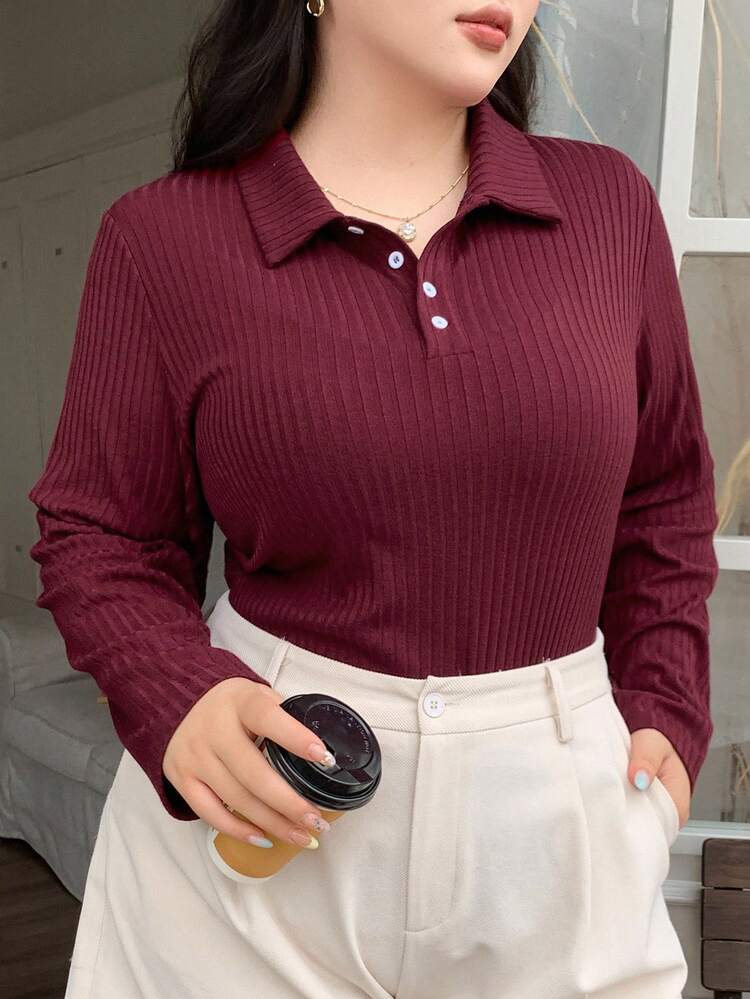 Dazy Plus Christmas Polo Collar Half-Zip Long Sleeve Ribbed Loose Burgundy Loose T-Shirt For Women