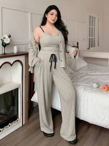 Dazy Plus 3pcs Plus Size Women Ribbed Fabric Robe & Camisole Top And Pants Pajama Set, Autumn, Fall Winter Clothes, Cozy Outfits - Olive Green - View 1
