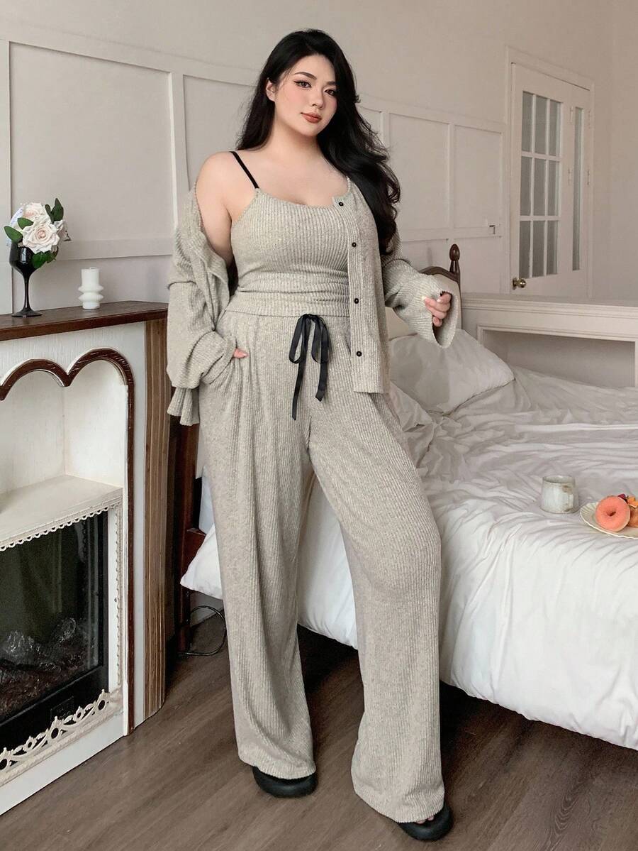 Dazy Plus 3pcs Plus Size Women Ribbed Fabric Robe & Camisole Top And Pants Pajama Set, Autumn, Fall Winter Clothes, Cozy Outfits - Olive Green - View 1