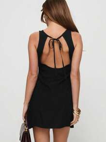 SHEIN Essnce 女士纯色休闲短款系带溜冰裙 - 黑色 - 查看 3