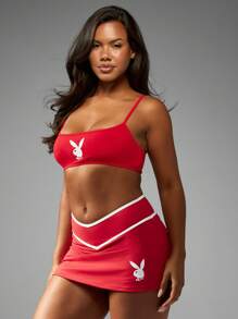 Missguided x Playboy 圣诞节女士运动网球短裙啦啦队迷你裙之字形设计白色条纹夏季运动服表演服 - 紅色 - 查看 1