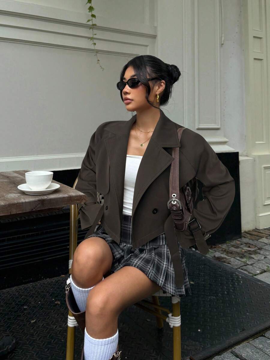 Muchica Áo khoác trench coat hai hàng khuy trơn màu đơn giản dành cho nữ mùa thu/đông - màu nâu - Xem 1