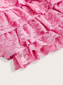 Summer Women Sweet Bow Kawaii Mesh Contrast Lace Ruffle Trim Low Waist Micro Mini Shorts, Summer Shorts, Valentine Day - Pink - View 5