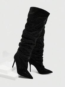 CUCCOO SZL Women's Rhinestone Pointed Toe Stiletto Heel Ruched Over-The-Knee Boots, Fashion For Dates And Parties For Christmas Spring Shoes - Black - View 5