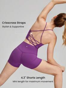 GLOWMODE FeatherFit™運動胸衣＆8英寸短褲套裝，背帶背心式胸衣，高腰側邊口袋車兜短褲，適用於低強度瑜珈日常跑步健身夏季運動 - 紫色 - 查看 3