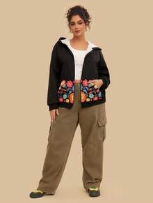 SHEIN VCAY Plus Size Floral Print Zip-Up Hoodie Sweatshirt With Front Pockets, Women Casual Outerwear For Autumn, Thermal Lined/Winter - Black - View 5