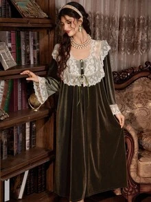 PalaceNights Vintage Palace Embroidered Trim Wide Strap Women's Cami Nightgown And Robe 2 Pieces Set, Fall & Winter Clothes - Dark Green - View 5