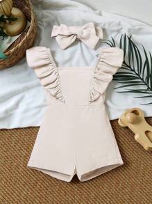 SHEIN Vintaside Kids Monos De Niñas De Bebé Con Detalles De Volantes, Corte Trasero Y Cinta Para La Cabeza - Albaricoque - Ver 1