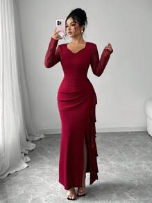 Modelyn 女式纯色撞色蕾丝长袖褶皱腰开衩连衣裙 - 酒紅色 - 查看 5