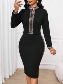 SHEIN Lady 大码复古优雅常规肩长袖上衣和修身连衣裙两件套 - 黑色 - 查看 6