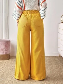 EMERY ROSE Women's Casual Solid Color Wide Leg Drawstring Waist Jeans - Yellow - View 2