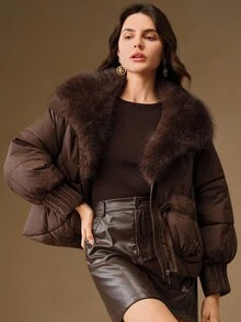 Anewsta Women's Fashionable Solid Color Fur Collar Jacket, Winter - Brown - View 5