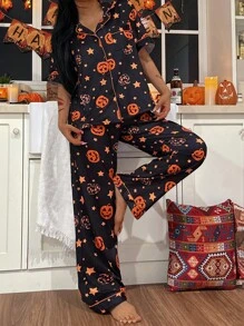 CoupledUp Bộ đồ ngủ ve áo in hình đầu bí ngô Halloween dành cho nữ, đồ ngủ Halloween đôi cho cặp đôi, dành cho tiệc Halloween - màu đen - Xem 4