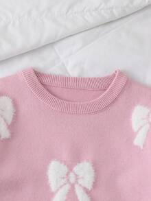 SHEIN Vintaside Kids Young Girls' Thick Pink Sweater With White Bow Crew Neck Pullover, Casual & Cute For Layering, Or Party Wear In Autumn/Winter Fall - Pink - View 3