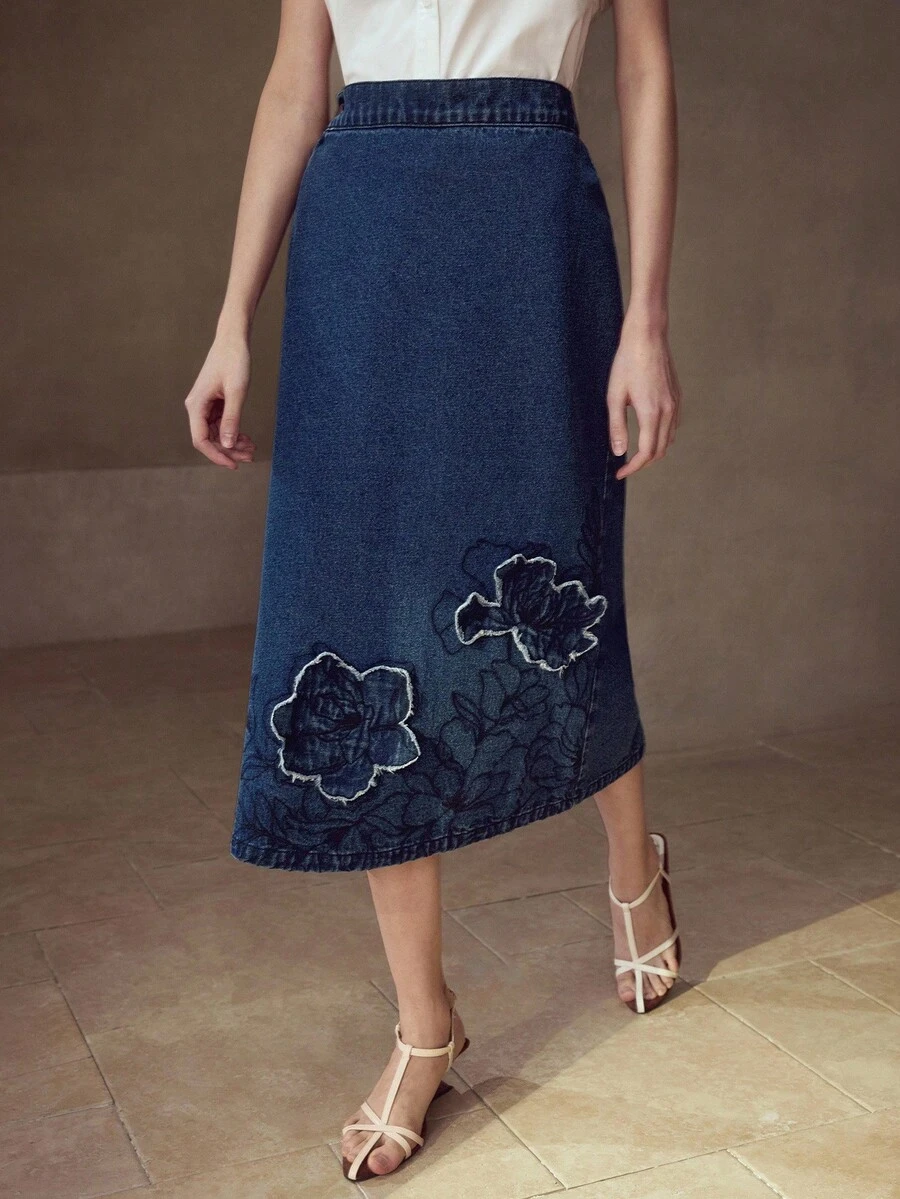 MOTF STUDIO 刺绣不对称下摆牛仔裙